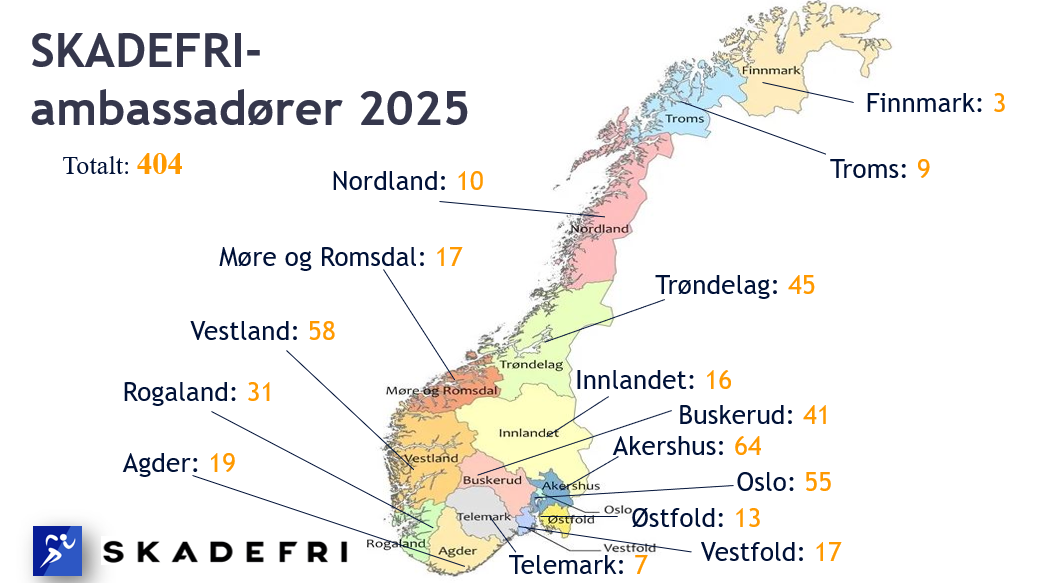 Norgeskart over antall ambassadører i hvert fylke