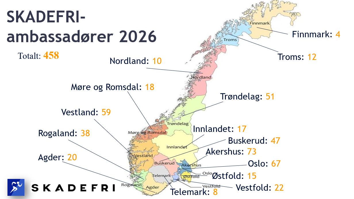 Norgeskart over antall ambassadører i hvert fylke